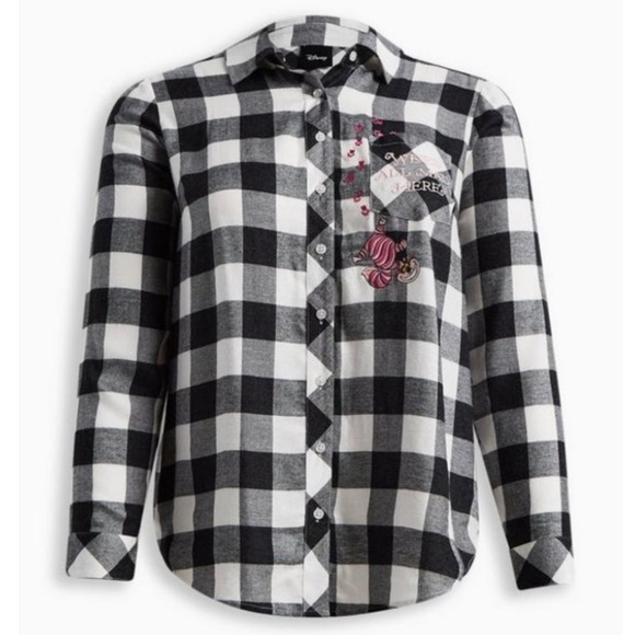 TORRID NWT ALICE IN WONDERLAND LIZZIE RAYON PLAID LONG SLEEVE BUTTON UP SHIRT - Picture 1 of 6